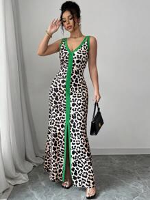 Elenzga 女式豹纹前开衩性感无袖 V 领低胸紧身对称领连衣裙 - 彩色 - 查看 6