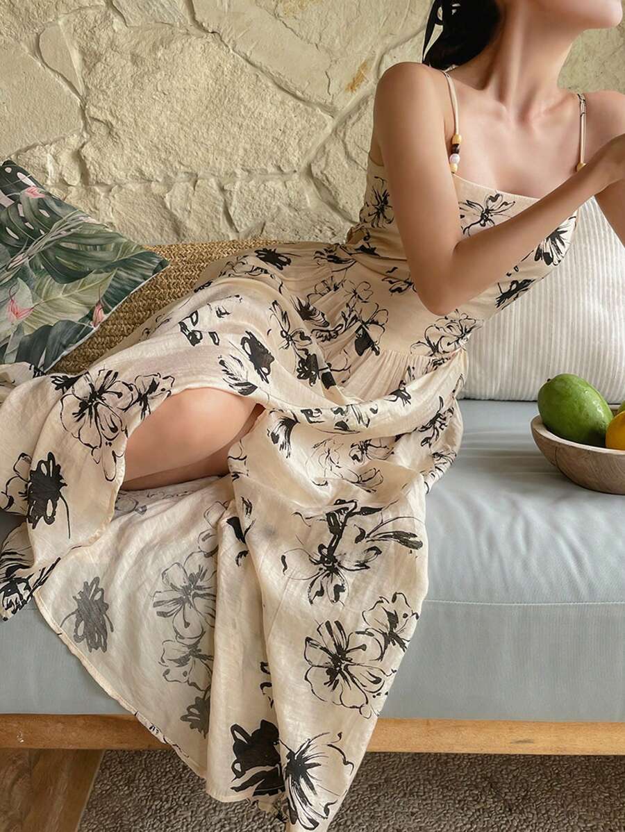 DAZY فستان صيفي مُطبع بالأزهار، ذو جوانب مفرّغة على الخصر للنساء