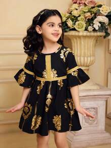 Young Girls Ramadan Elegant Embroidered Gold Pattern Metallic Tape Flare Sleeve Round Neck Dress, Spring/Summer - Black - View 4
