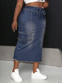 SHEIN SXY Váy denim dài buộc dây tua rua eo cỡ lớn cho nữ - Rửa trung bình - Xem 3