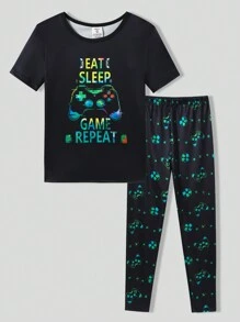 SHEIN 青少年男孩游戏机图案短袖上衣和紧身裤套装，荧光色游戏机印花，黑色紧身衣