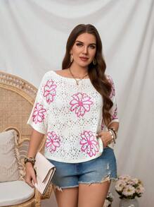 SHEIN LUNE Plus Size Flower Pattern Crew Neck Short Sleeve Casual Pullover Sweater Rose Red Printed Hollow Woolen Short Top, Festival Woolen Plus Size Women Clothes Festival Bohos Clothes Festival Bohos Plus Size Summer Outfits For Women