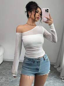 Elenzga بلوزة نسائية كاجوال ذات كتف مائل طويلة الأكمام شفافة باللون الواحد، للارتداء اليومي - أبيض - مشاهدة 1