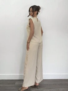 Siren Gaze 2pcs Women Sleeveless Plain Top And Long Pants Set, Simple Casual Daily Wear Summer - Apricot - View 5