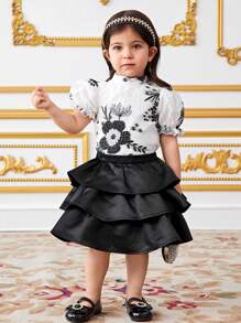 SHEIN Baby Girl Elegant Collared Puff Sleeve Blouse & Layered Ruffle Hem Skirt Set - Black - View 6