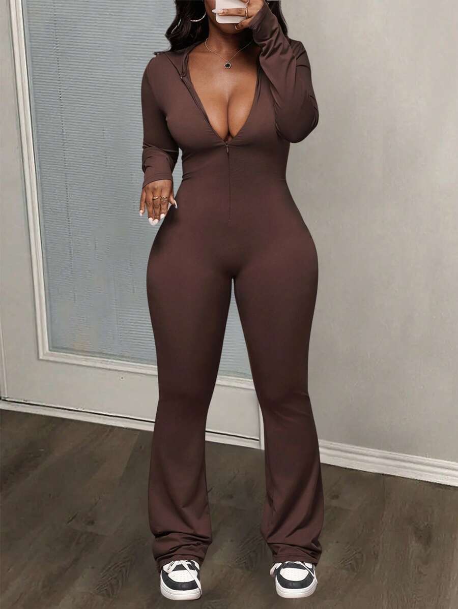 Slaydiva Conjunto de pantalón acampanado y sudadera con capucha de manga larga de ajuste ceñido, unicolor casual y versátil, para otoño/invierno