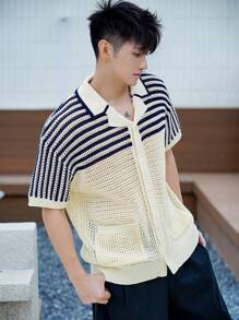 DAZY Asymmetrical Striped Hollow Out Lightweight Cardigan Sweater For Men, Summer - Apricot - View 3