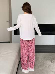 DAZY 2件套宽松碎花印花裤女士舒适卡通睡衣套装 - 米色 - 查看 2