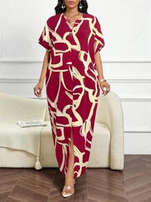 SHEIN Lady Vestido modesto de manga de mariposa tejido, elegante y casual para otoño e invierno, estilo árabe - Rojo - Ver 6