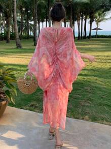 DAZY Women's Plant Allover Print Patchwork Pleated Midi Dress With Ditsy Floral Overlay Sundress Vacation Outfits Women - Pink - View 5