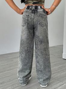 Girls' Minimalist Versatile Distressed Ripped Denim Jeans, Comfortable Washed Straight Leg Pants, Must-Have 2025 Essentials - Grey - View 3