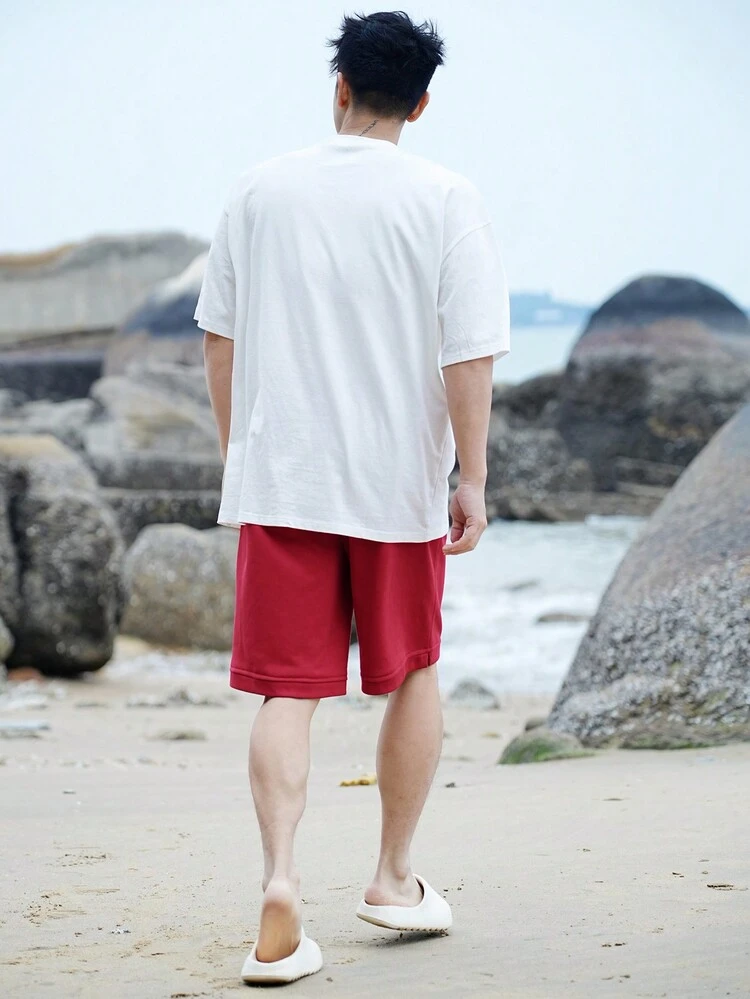 2pcs/Set Men's Beach Vacation Letter Print T-Shirt & Bright Color Shorts Holiday Outfit, Summer
