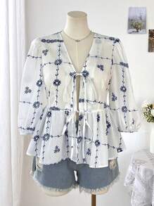 Flirla Plus Size Women's Tie Front Loose Long Sleeve Casual Shirt - Multicolor - View 1