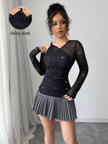 Elenzga 新款斜肩修身女式T恤，修身 - 黑色 - 查看 1