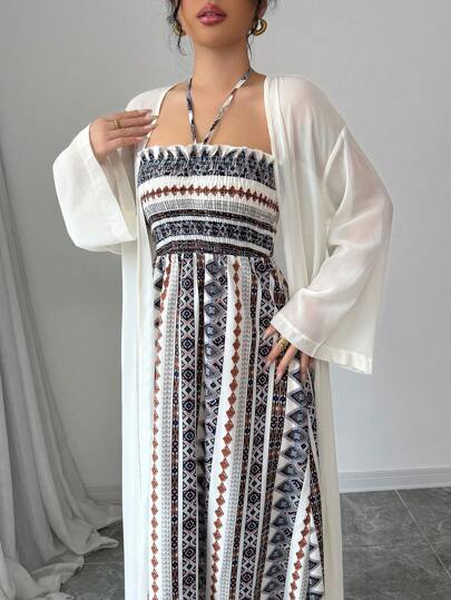 Modelyn 2 件套女士纯色长袖上衣和连衣裙套装，简约时尚