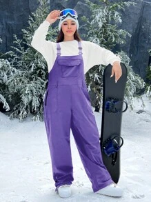 SHEIN EZwear Plus Size  Insulated Sleeveless Ski Jumpsuit With Pockets, Autumn/Winter - Purple - View 4