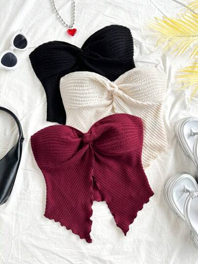 Soleia 3 件套女士度假套装：酒红色、杏色、黑色针织提花纹理扭纹前部不对称波浪下摆短款上衣，舒适、情人节、女士度假装、狂欢节、女士夏季装、女士背心