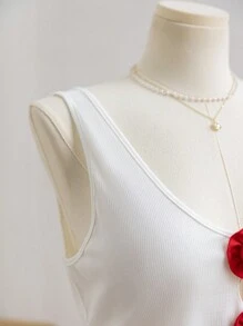 Soleia Plus Size Women's Holiday Style Red 3D Rose Decor Front Hollow Out Black Knit Tank Top - White - View 6