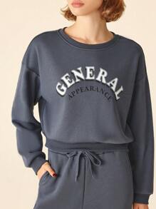 SHEIN Sports Women's Letter Print Round Neck Drop Shoulder Long Sleeve Sweatshirt And Self-Tie Waist Pants Sports Fleece Suit - Dusty Blue - View 4