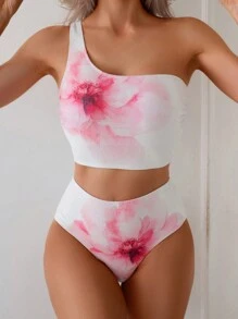 SHEIN Swim 女士性感不对称肩部花卉印花细肩带背心，夏季比基尼 - 彩色 - 查看 1