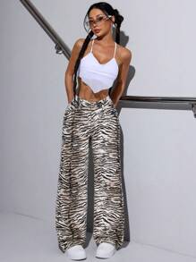 SHEIN ICON Celana Jeans Wanita Pinggang Rendah Motif Zebra dengan Kantong, Model Lurus, Dicuci - MultiWarna - View 4