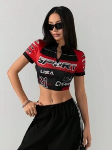 Coolane 女士字母印花短袖前拉链短款上衣 - 紅色和黑色 - 查看 4