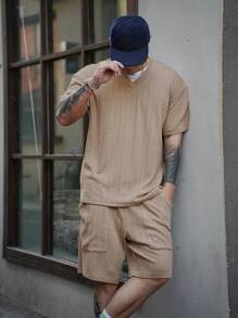 DAZY Bộ quần short lưng thun co giãn có dây rút bằng vải họa tiết mùa hè dành cho nam kèm áo phông màu kaki - Màu Khaki - Xem 6