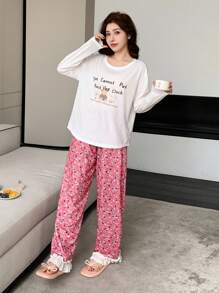 DAZY 2件套宽松碎花印花裤女士舒适卡通睡衣套装 - 米色 - 查看 5