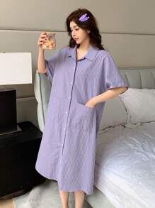 DAZY Women's Front Button Pocket Striped Loose Short Sleeve Robe,Back To School Clothes Pajama - Purple - View 4