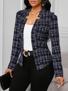 SHEIN Lady 女士优雅格纹印花开襟西装外套（秋冬款） - 藏蓝色 - 查看 6