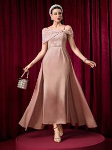 Modelyn Embroidered Jacquard Collar Patchwork Solid Color Fitted Waist And Flared Hem Ladies Dress - Pink - View 1