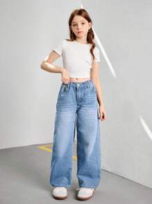 Tween Girls Vintage Loose Wide Leg Jeans, Casual Straight Leg Denim Pants - Light Wash - View 6