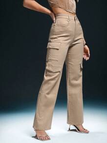 Denimoi Jeans rectos de mujer con bolsillo con solapa de rhinestones para primavera/verano, jeans cargo, para salir, fiestas, conciertos country, festivales rave, ropa de club - Albaricoque - Ver 3