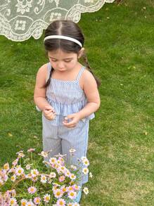 SHEIN LMoss Kids Conjunto de top de tirantes acanalado con volantes y pantalones a rayas, look adorable para bebé niña en verano - Azul y blanco - Ver 3