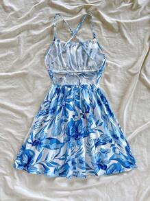 Soleia Vestido Slip Curto Estampado com Flores Azuis, Sem Costas, Verão e Primavera - Azul e Branco - Visão 4