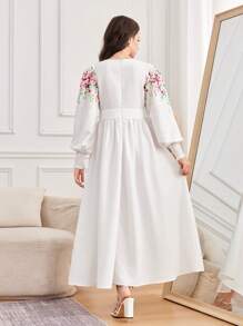 SHEIN 少女编织花卉褶皱泡泡袖收腰连衣裙 - 白色 - 查看 2