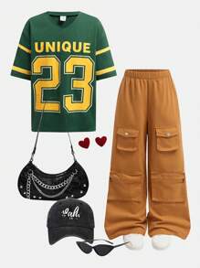 SHEIN Tween Girls Casual Loose Sports Letter Graphic V-Neck Short Sleeve Tee And Cargo Pants 2 Pieces Set - Multicolor - View 1