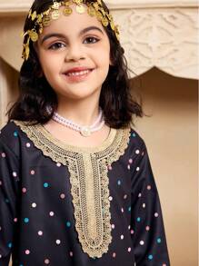 Young Girls ' Ramadan Long Sleeve Dress, Round Neck Gold Lace Colorful Polka Dot Print Long Robe - Black - View 5