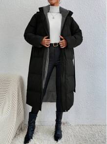 SHEIN Frenchy Solid Color Hooded Belted Long Black Padded Jacket