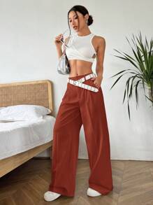 SHEIN EZwear 女士纯色褶皱宽松裤，休闲日常穿着 - 紅色 - 查看 6