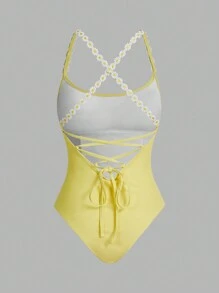 Swim Mod Women's Cute Daisy Backless One-Piece Swimsuit, For Summer Beach Vacation - Yellow - View 2