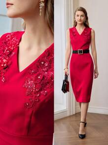 MOTF PREMIUM VÁY CỔ CHỮ V THÊU HOA SEQUIN - Đỏ - Xem 2