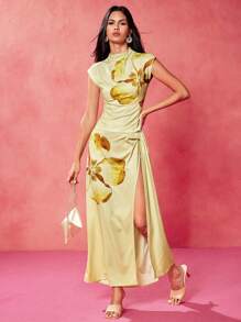 Oxana Designer Women's Light Yellow Large Floral Print Stand Collar Cap Sleeve Slim Fit Elegant Butter Yellow Top, Valentine's Day, Going Out, Festival - Multicolor - View 4