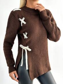 EURMUSE Casual Contrast Color Cross Cord Placement Rib Knit Brown Sweater With Slit - Brown - View 3