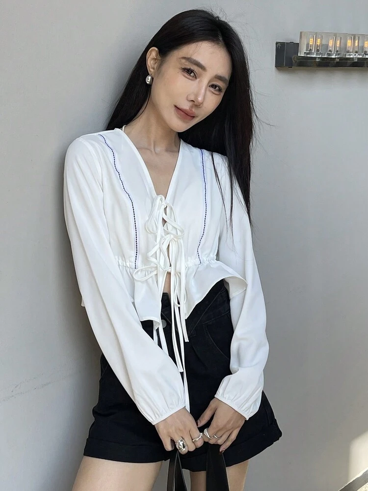 Women's Casual Contrast Color Short Ruffle Hem Tie-Front Long Sleeve Blouse Top, Suitable For Summer,Fall Clothes