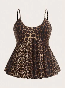 SHEIN EZwear Conjunto de 2 piezas con top camiseta y estampado de leopardo en negro y blanco, para mujer de talla grande, para primavera/verano