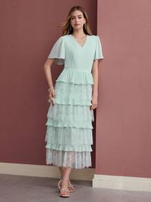 MOTF PREMIUM CONTRAST LACE LAYERED RUFFLE HEM DRESS - Mint Green - View 6