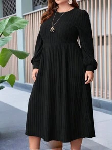 EMERY ROSE 加大纯色灯笼红带袖罗纹针织冬装