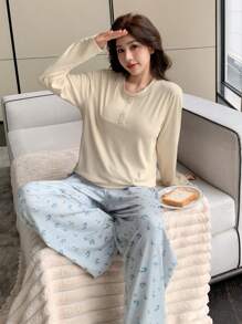 DAZY Knitted Top & Loose Ditsy Floral Pajama Pants 2 Pieces Sleep Set - Apricot - View 6
