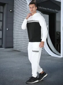 Manfinity Sport Corelite Men Solid Color Patchwork Long Sleeve Simple Sportswear Top And Pants Set - White - View 4